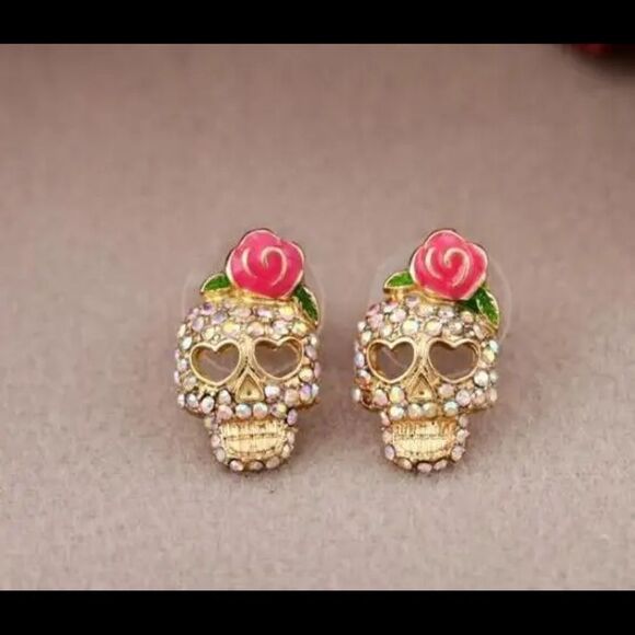 Vintage Rhinestone Crystal Skeleton Skull Earrings Fashion Punk Ear Jewelry - Picture 4 of 5
